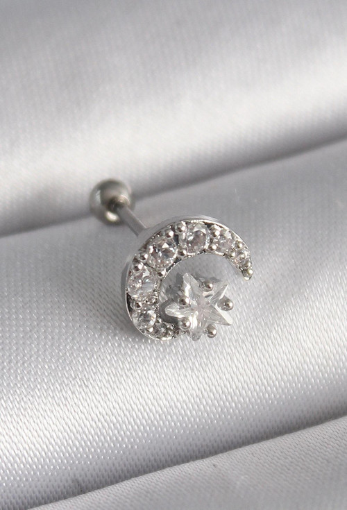 316L Çelik Gümüş Renk Zirkon Taşlı Ay Yıldız Tragus Piercing