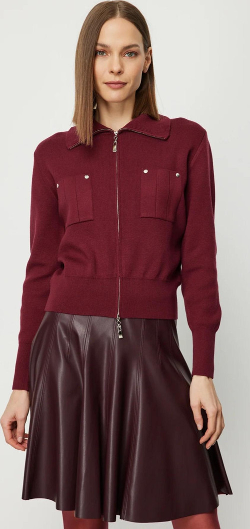 Kadın Cep Detaylı Fermuarlı Triko Hırka 69904 Bordo