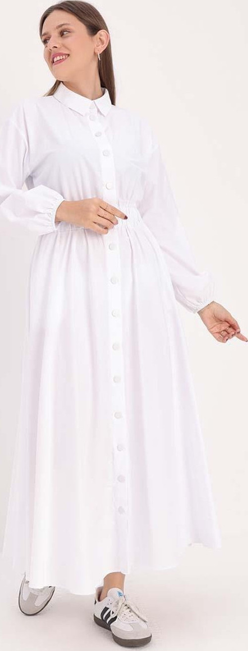Beyaz-Gömlek Yaka Çıtçıtlı Beli Lastikli Elbise