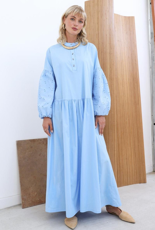 Mavi-Pamuklu Yarım Patlı Fistolu Elbise