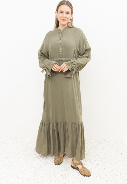 Haki-Beli Bağlamalı Biritli Elbise