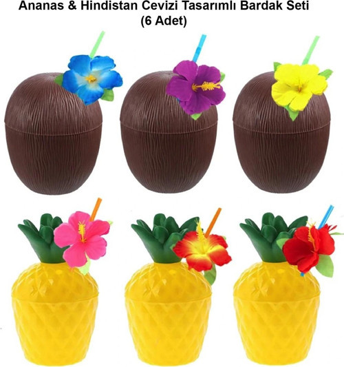 Ananas & Hindistan Cevizi Tasarımlı Pipetli Bardak Seti (6 Adet) (5047)