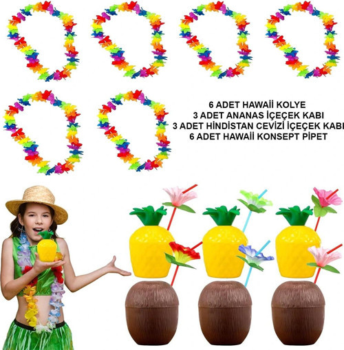 Tropikal Hawaii Parti Malzemeleri – Kolye, Pipet, Bardak Seti (5047)