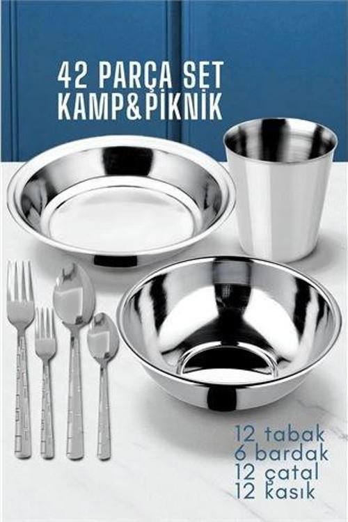 42 Parça Tabak Kase Bardak Çatla Kaşık Seti Kamp Piknik Seti