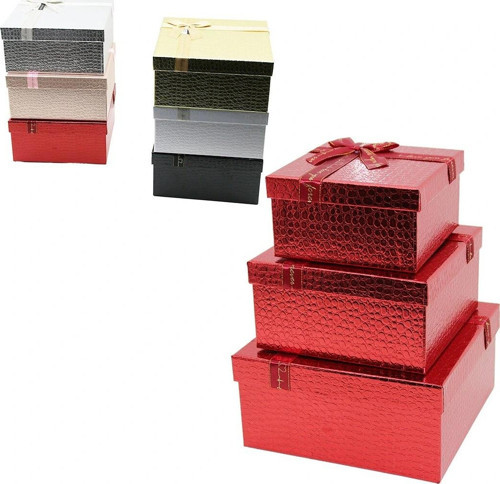 3PCS KARE PARLAK MİX RENKLİ - KABARTMA DESEN KARTON HEDİYE KUTUSU KURDELALI 25-21-17CM (5047)