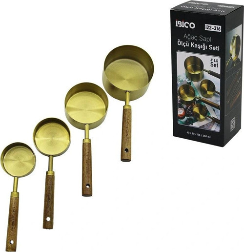4 PCS GOLD METAL ÖLÇÜ KAŞIK SETİ OTANTİK AĞAÇ KULP 250ML - 125ML - 80ML - 60ML (5047)