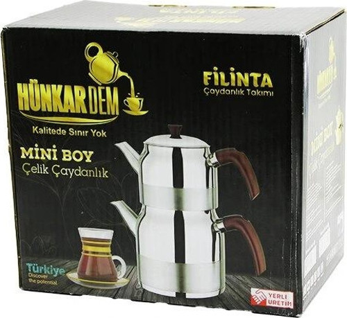 FİLİNTA MİNİ BOY ÇELİK ÇAYDANLIK SETİ ÇİFT KAPAKLI RENKLİ BAKALİT KULP ÜST DEMLİK: 1LT - ALT SULUK: