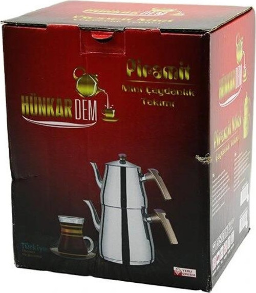 PRAMİT MİNİ BOY ÇELİK ÇAYDANLIK SETİ - TAKIMI RENKLİ BAKALİT KULP ÜST DEMLİK: 0.9LT - ALT SULUK: 1.5