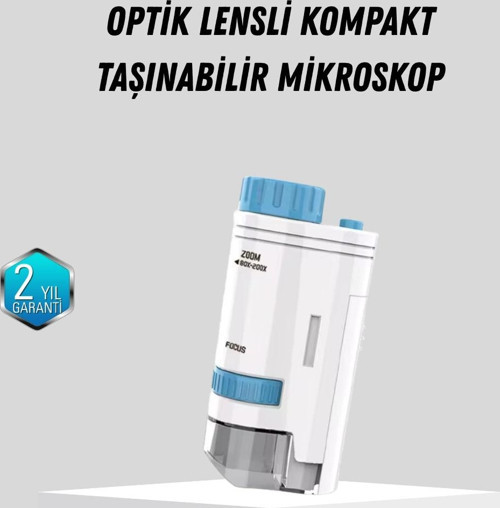 Taşınabilir Mini Mikroskop LED Işıklı 80X–200X Büyütmeli ve Odak Ayarlı