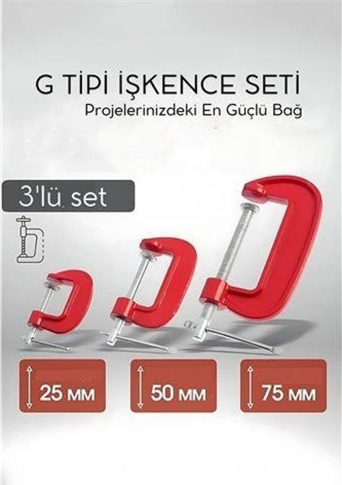 Profesyonel G Tipi İşkence Seti 3'lü: 25-50-75 mm Döküm Metal Ağaç İşleme ve Montaj Kelepçesi Takımı
