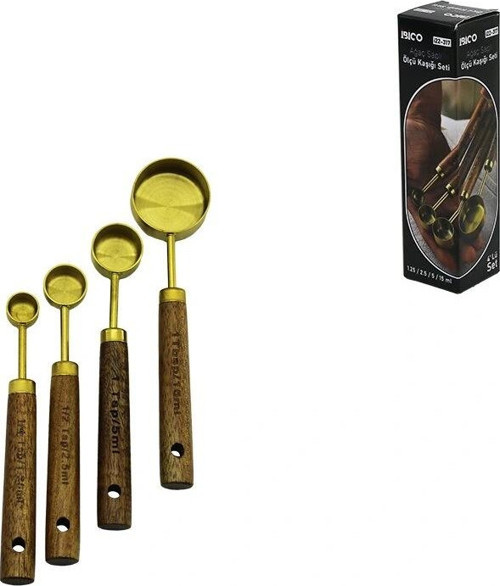 4 PCS GOLD METAL ÖLÇÜ KAŞIK SETİ OTANTİK AĞAÇ KULP 15ML - 5ML - 2.5ML - 1.25ML (5047)