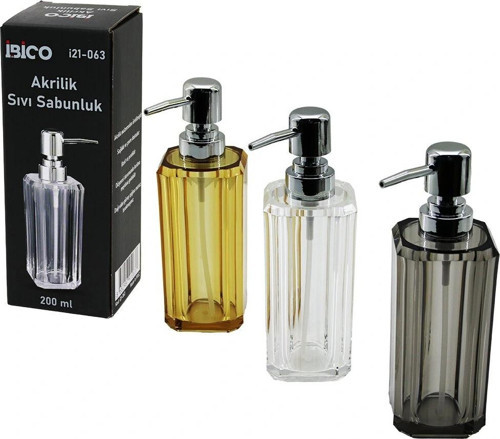 UZUN KARE TABAN -SEKİZGEN GÖVDE ŞEFFAF - RENKLİ AKRİLİK - MİKA KRİSTAL SIVI SABUNLUK 200ML (5047)