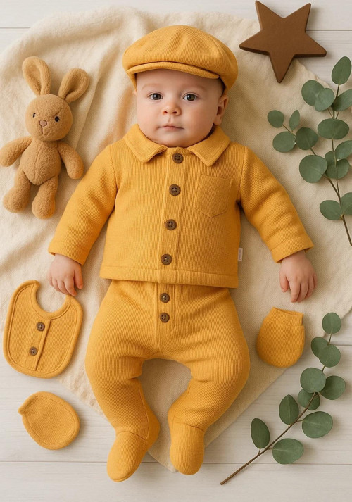 Cepli Waffle % 100 Pamuk 5'li Erkek Bebek Hastane Çıkış Seti