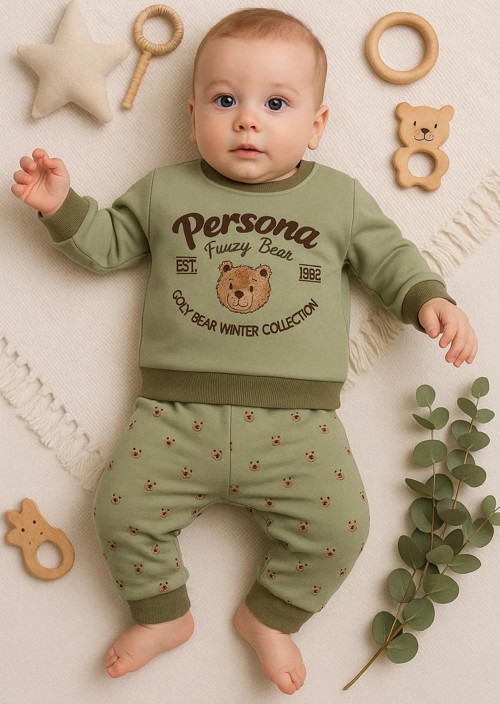Persona Bear Nakışlı % 100 Pamuk 2'li Erkek Bebek Takım