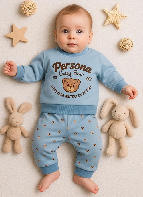 Persona Bear Nakışlı % 100 Pamuk 2'li Erkek Bebek Takım