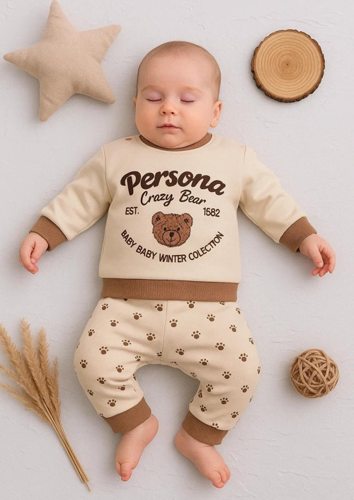 Persona Bear Nakışlı % 100 Pamuk 2'li Erkek Bebek Takım