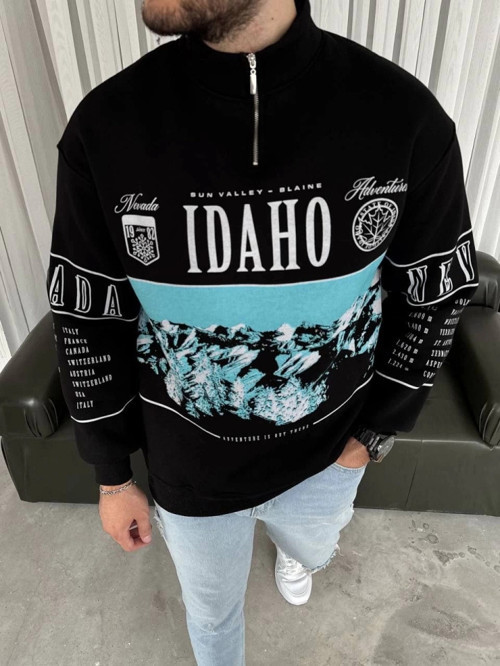 Erkek Yarım Fermuarlı Oversize Baskılı SweatShirt