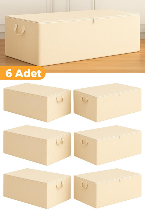 6 Lı Set Krem Renk Çekyat Ve Baza Tipi Yastık Yorgan Saklama Hurcu -Baza Altı Düzenleyici Baza Hurcu