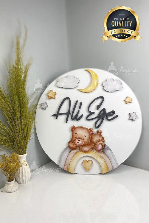 KİŞİYE ÖZEL YENİ DOĞAN AHŞAP BEBEK ODASI KAPI VE DUVAR SÜSÜ -35 CM-