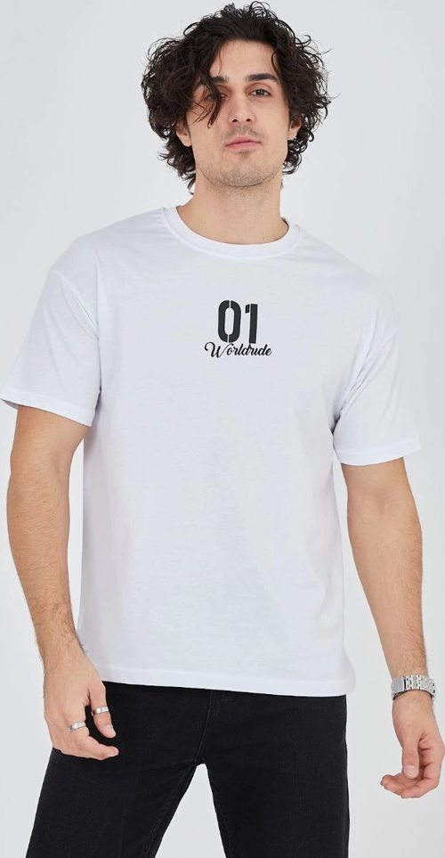 Erkek Bisiklet Yakalı Baskılı T-Shirt - Beyaz