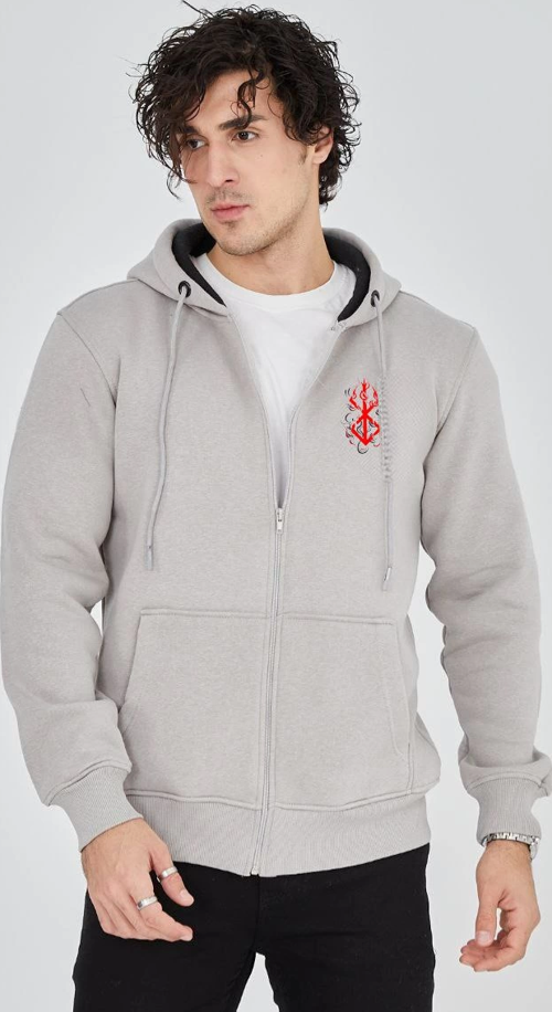 Unisex Baskılı Tam Fermuarlı Kapşonlu SweatShirt - Boyalı Gri