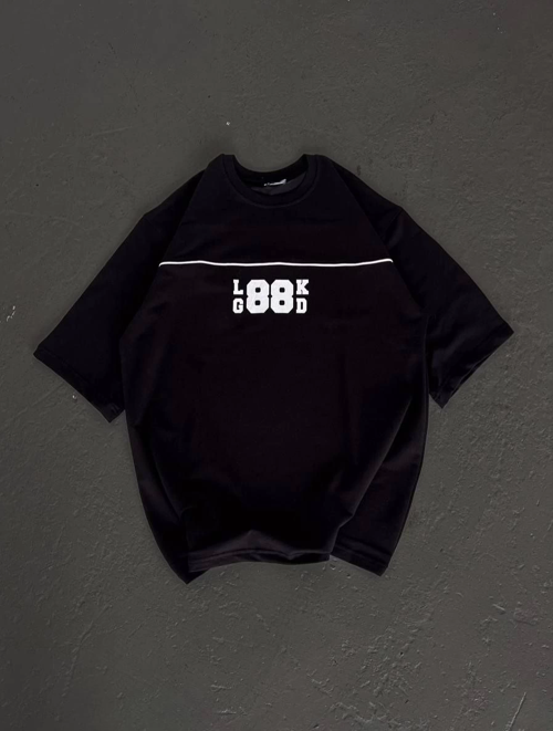 Unisex Bisiklet Yaka Baskılı Oversize T-Shirt - Siyah