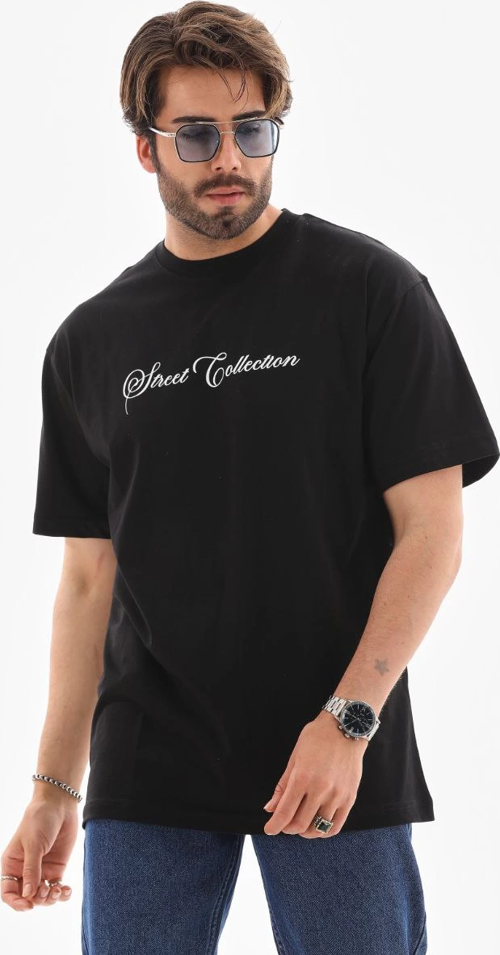 Unisex Bisiklet Yaka Baskılı Oversize T-Shirt - Siyah