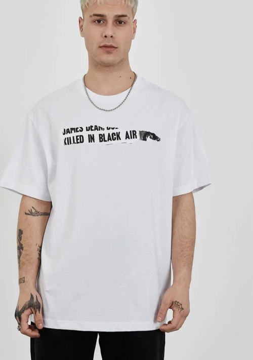 Unisex Bisiklet Yaka Baskılı Oversize T-Shirt - Beyaz