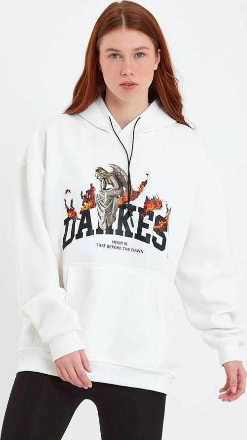 Kadın DANKES Baskılı Kapüşonlu Sweat - Beyaz