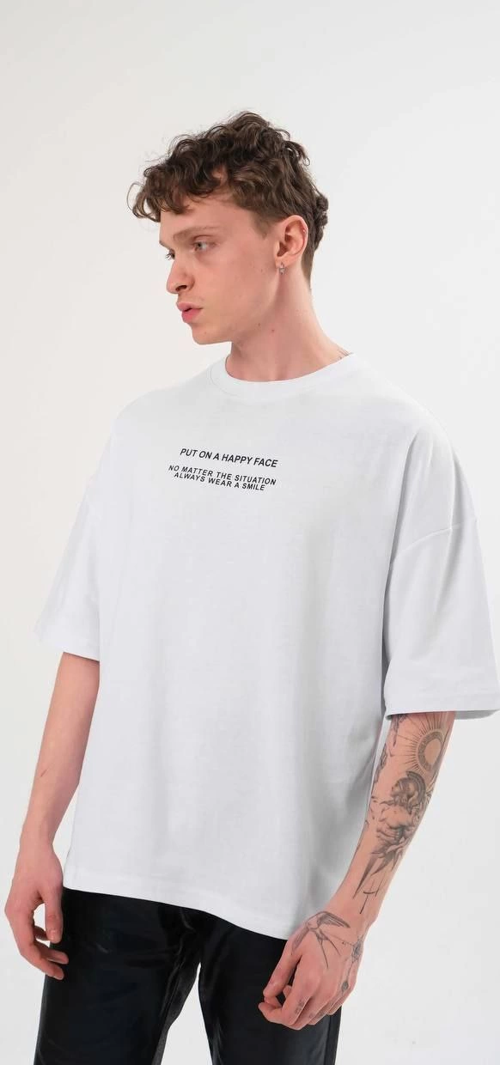 Unisex Bisiklet Yaka Baskılı Oversize T-Shirt - Beyaz