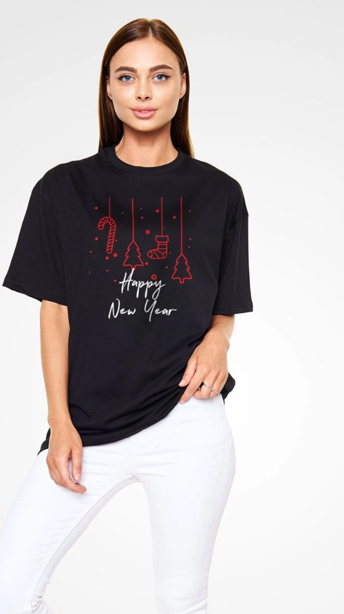 Unisex Bisiklet Yaka Baskılı Oversize T-Shirt - Siyah