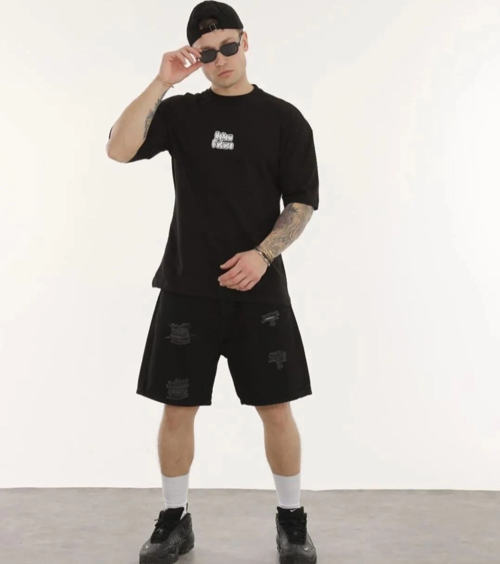 Unisex Bisiklet Yaka Baskılı Oversize T-Shirt - Siyah
