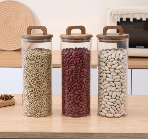 Borosilikat Cam Vakumlu Kavanoz 1550 ml | Akasya Kapaklı Bakliyat & Baharat Kavanozu 3 ADET