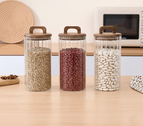 Borosilikat Cam Vakumlu Kavanoz 1250 ml | Akasya Kapaklı Bakliyat & Baharat Kavanozu 3 ADET