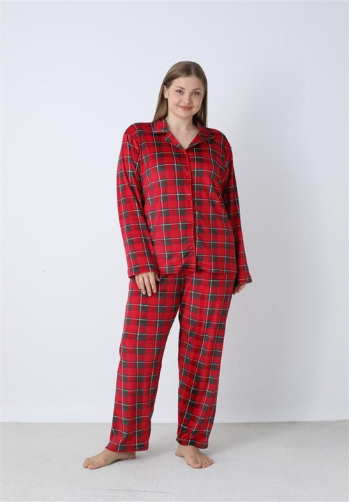 Battal Estiva Kareli Önden Düğmeli Kadife Bayan Pijama Takım