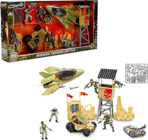 The Corps Mission Terrain Battle Askerî Oyun Seti – Jet, Tank, Arazi Aracı Ve 4 Eklemli Asker Figürü