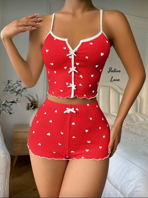 Intive Comfort Kalp Desenli V Yaka İnce Askılı Mini Şortlu Büstiyer Takım/Pijama Takımı