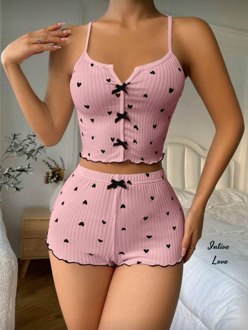 Intive Comfort Kalp Desenli V Yaka İnce Askılı Mini Şortlu Büstiyer Takım/Pijama Takımı