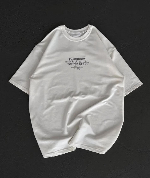 Unisex Bisiklet Yaka Baskılı Oversize T-Shirt - Beyaz