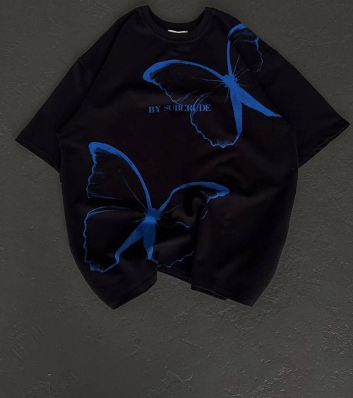 Unisex Bisiklet Yaka Baskılı Oversize T-Shirt - Siyah