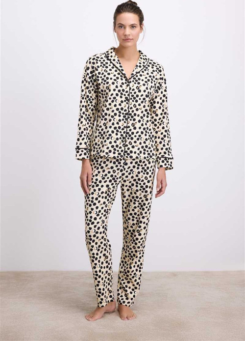 Kadın Uzun Kollu Gömlek Yaka Leopar Desenli % Pamuk Pijama Takımı