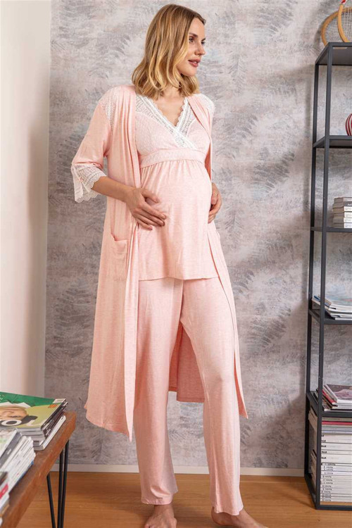 Kadın Viskon Hamile Lohusa Dantelli Sabahlık Önden Açılan Emzirme T-shirt Ve Pantolon Pijama 3'lü Ta