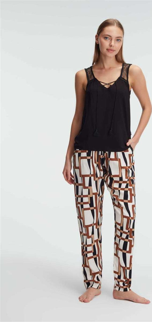 Sıfır Kol V Yaka Kadın Viskon Geometrik Yazlık Uzun İp Detaylı Pijama Takımı