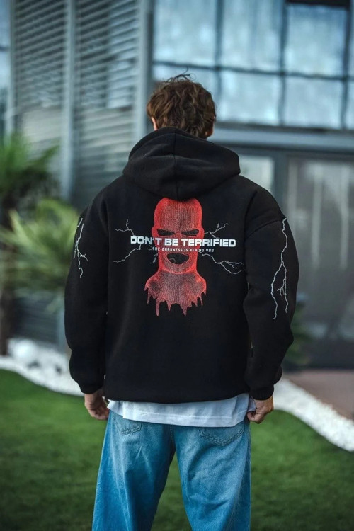 Üç İplik Kapüşonlu Baskılı Oversize SweatShirt- Siyah