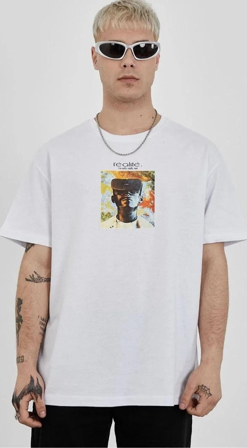 Unisex Bisiklet Yaka Baskılı Oversize T-Shirt - Beyaz