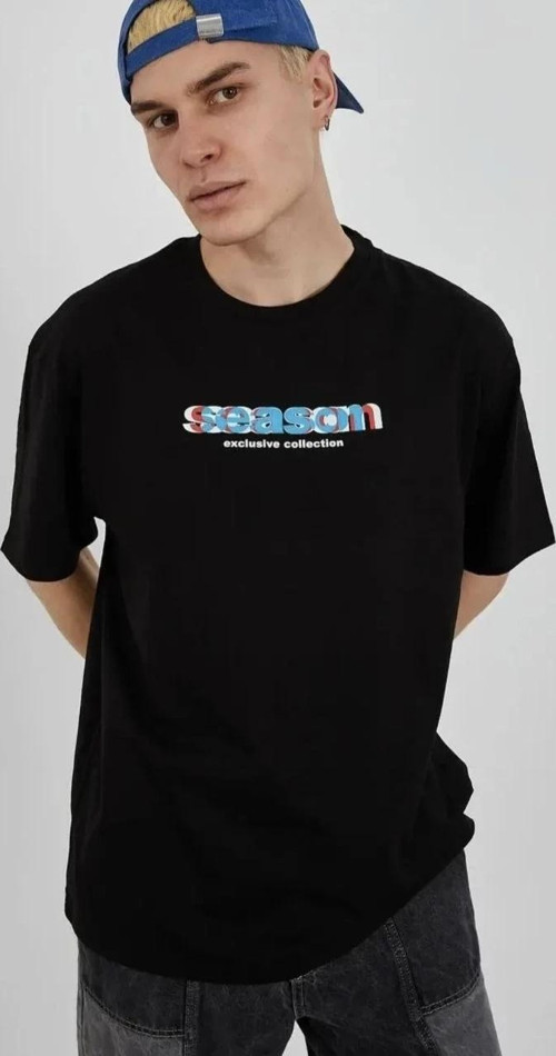 Unisex Bisiklet Yaka Baskılı Oversize T-Shirt - Siyah