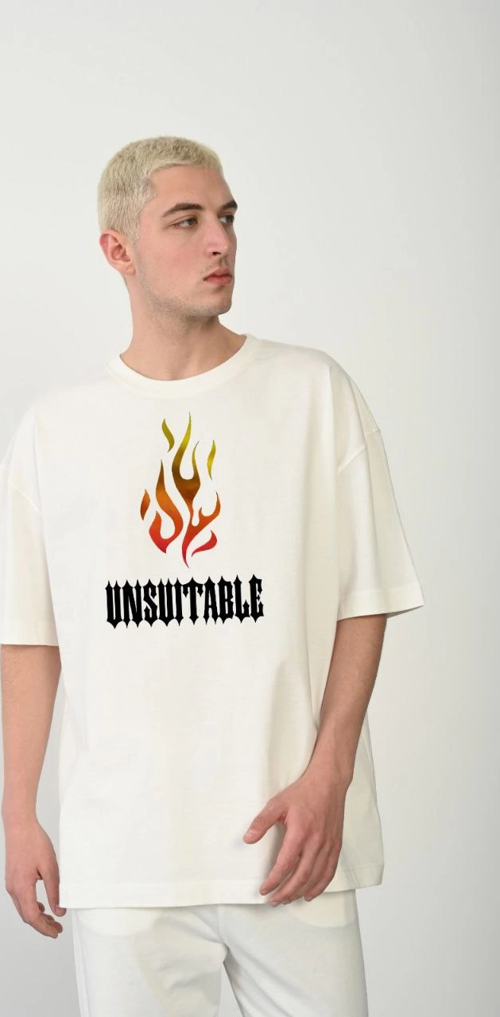 Unisex Bisiklet Yaka Baskılı Oversize T-Shirt - Beyaz