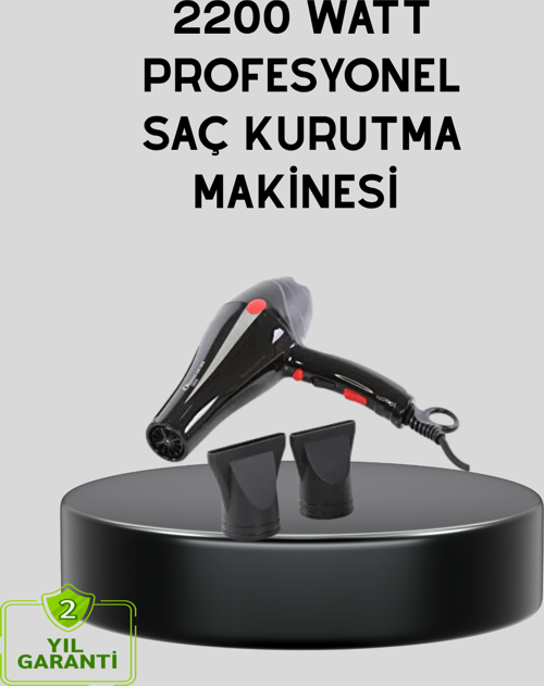 Profesyonel 2200W Fön Makinesi – AC Motorlu, Hızlı Kurutma, Hafif Tasarım