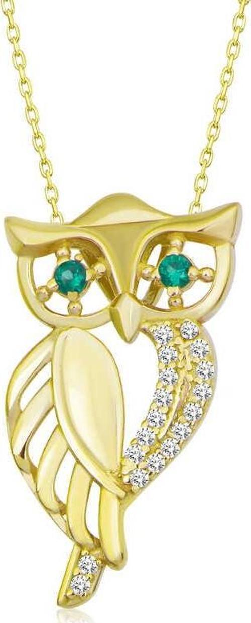 ​925 Ayar Gümüş Gold Yeşil Gözlü Baykuş Kadın Gümüş Kolye