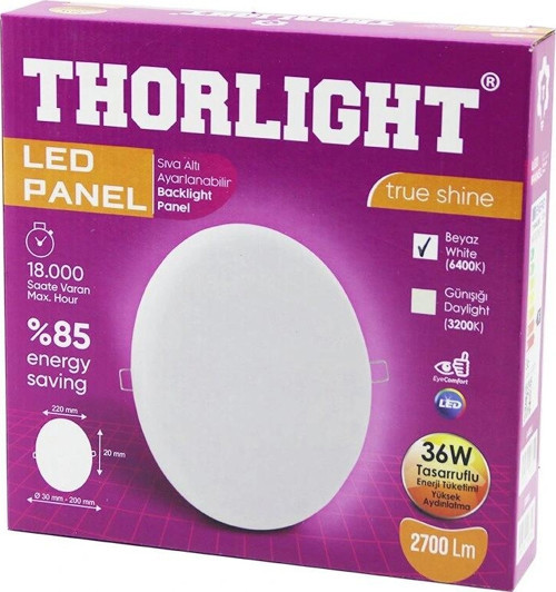 THORLIGHT S-236 36W 22CM BEYAZ LED PANEL SIVA ALTI AYARLI MANDALLI 6400K - 2700LM - 18000 SAAT - 283